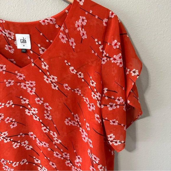 Cabi Orange & White Floral V Neck Lightweight Flowy Short Sleeve Blouse Medium - Picture 12 of 14